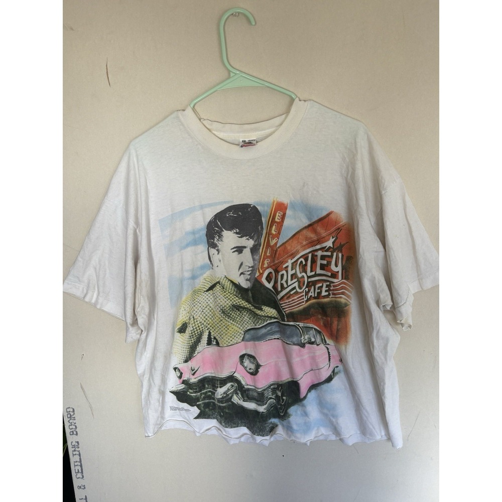 Vintage 90s Elvis Presley CAFE Cadillac White T-shirt Sz XXL Fruit Of The Loom